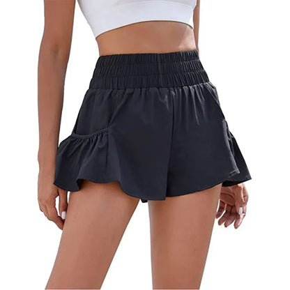 Pantalones cortos deportivos de mujer de cintura alta para correr, para gimnasio, de secado rápido, fluidos, con bolsillos