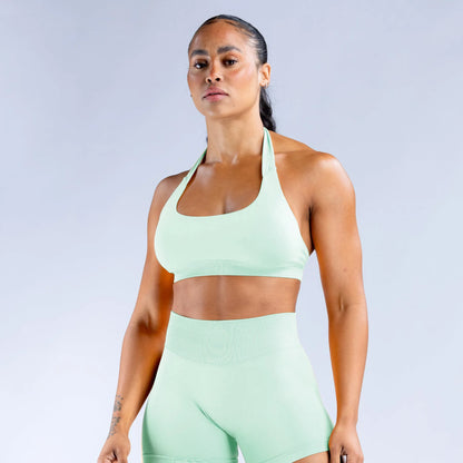 Sujetador deportivo halter sin costuras para mujer, con espalda abierta, a prueba de golpes, elástico, top de yoga para gimnasio, correr, fitness y uso diario casual