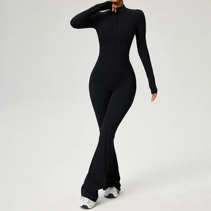 Mono con cremallera Pantalones acampanados Ropa de mujer Ropa deportiva Gimnasio Yoga Conjuntos deportivos Spandex Nylon Conjuntos de entrenamiento Chándal de mujer