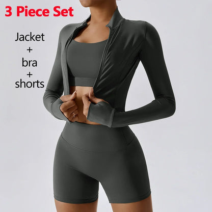 Conjunto de 3 piezas de ropa deportiva para mujer: Top de yoga, chaqueta, pantalones, leggings, sujetador deportivo, shorts ajustados, ropa de gimnasio, trajes de fitness