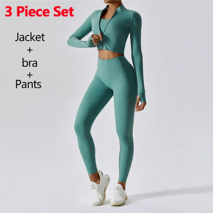 Conjunto de 3 piezas de ropa deportiva para mujer: Top de yoga, chaqueta, pantalones, leggings, sujetador deportivo, shorts ajustados, ropa de gimnasio, trajes de fitness