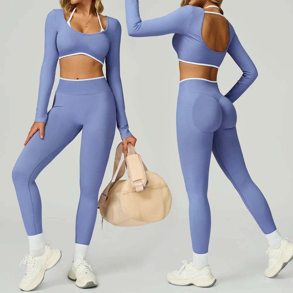 Women's Gym Seamless Contrast Color Yoga Set - Hollow Back Workout Shirt High Waist Fitness Leggings Tight Outdoor Outfit