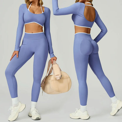 Women's Gym Seamless Contrast Color Yoga Set - Hollow Back Workout Shirt High Waist Fitness Leggings Tight Outdoor Outfit
