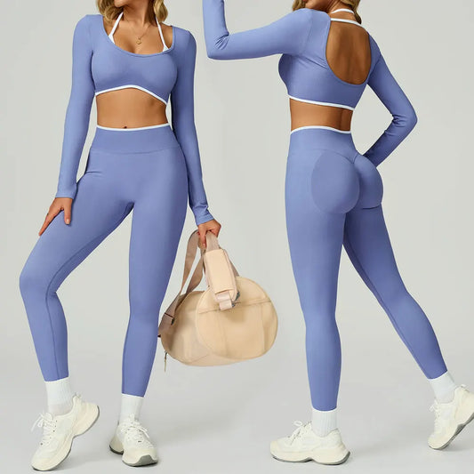 Women's Gym Seamless Contrast Color Yoga Set - Hollow Back Workout Shirt High Waist Fitness Leggings Tight Outdoor Outfit
