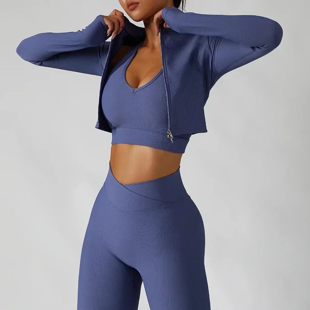 Conjunto de 3 Piezas de Chándal de Yoga para Mujer, Ropa Deportiva de Entrenamiento para Gimnasio, Top Corto de Manga Larga, Leggings de Cintura Alta, Trajes Deportivos