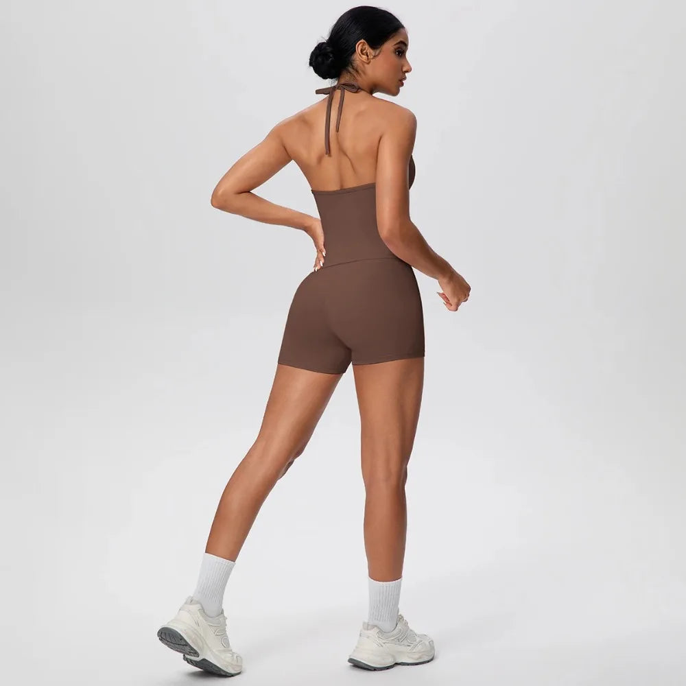 Conjunto de yoga para gimnasio de 2 piezas para mujer, chaleco sin espalda con tirantes en el cuello, tirantes finos en los hombros, shorts de fitness de cintura alta para mujer, traje deportivo