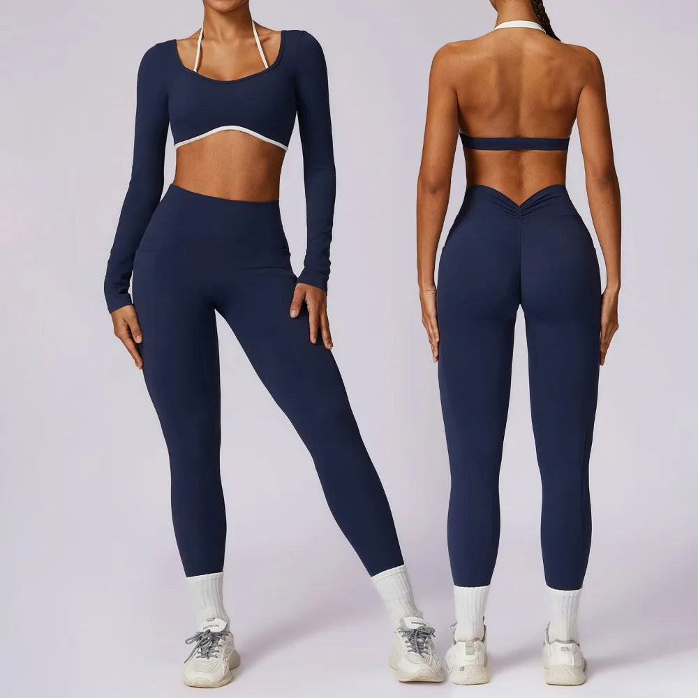 2Pcs Women Gym Workout Set - Backless Yoga Sports Bra Short-Sleeved Shirt Running Leggings, High Waist Fitness Active Wear