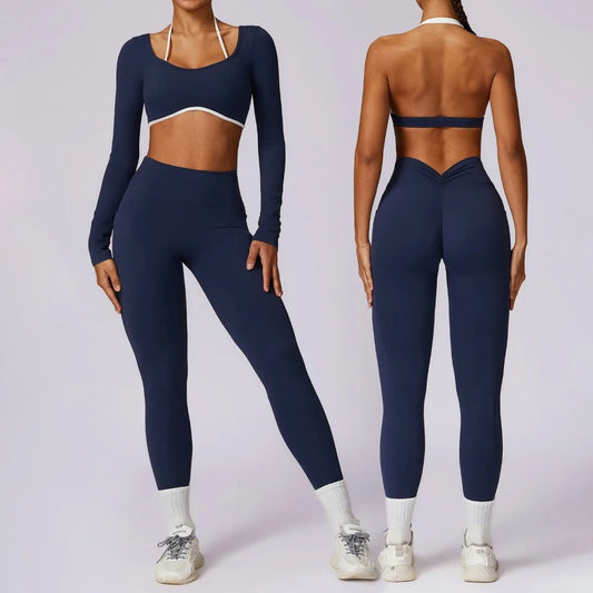 2Pcs Women Gym Workout Set - Backless Yoga Sports Bra Short-Sleeved Shirt Running Leggings, High Waist Fitness Active Wear