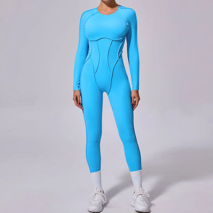Women's Long Sleeve One-piece Yoga Jumpsuit - Gym Training Suit, High Elastic Fitness Bodysuits, Moisture Wicking Sportswear Set