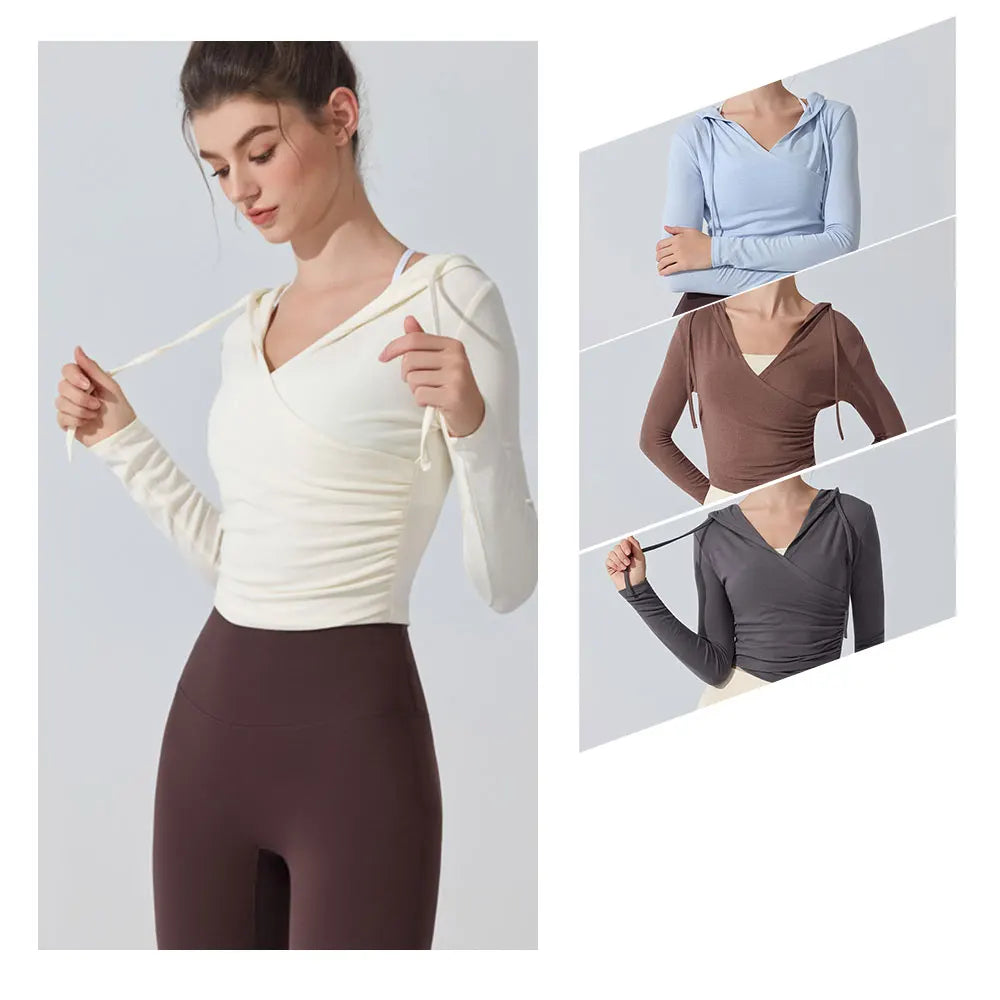 Camiseta de yoga con capucha de manga larga para mujer - Camiseta de entrenamiento con cuello en V ajustada para Pilates, gimnasio, ropa deportiva, blusa