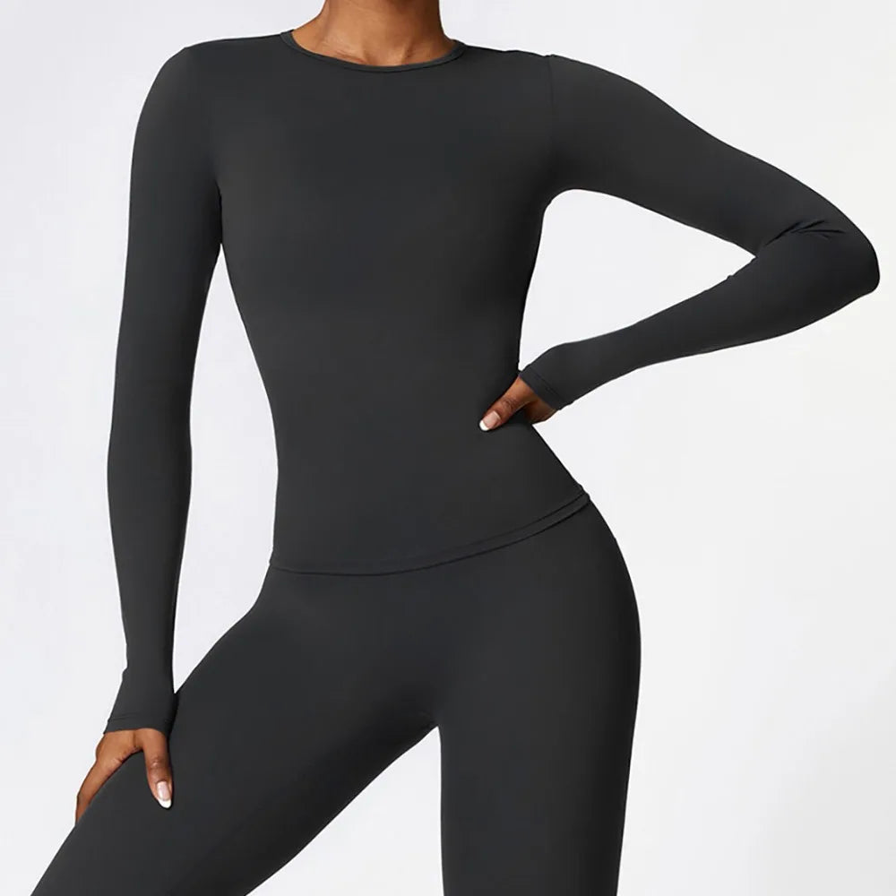 Camiseta de yoga de manga larga de alta intensidad para mujer con forro cepillado, para Pilates, correr y entrenamiento cruzado, tipo crop top deportivo