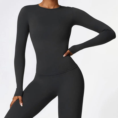 Camiseta de yoga de manga larga de alta intensidad para mujer con forro cepillado, para Pilates, correr y entrenamiento cruzado, tipo crop top deportivo