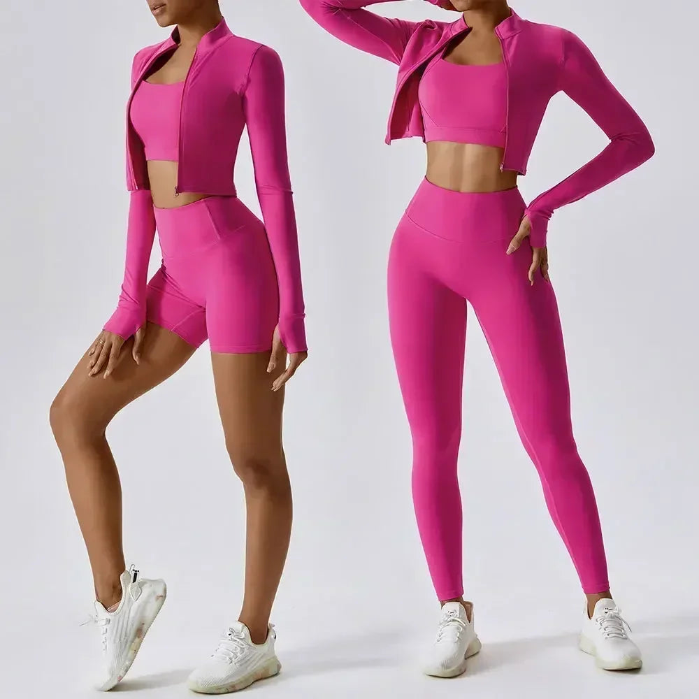 Conjunto de yoga de 3 piezas para mujer, atuendo de entrenamiento con tela "sensación desnuda" con sujetador, chaqueta y pantalones cortos para fitness, gimnasio, pilates y ropa deportiva al aire libre