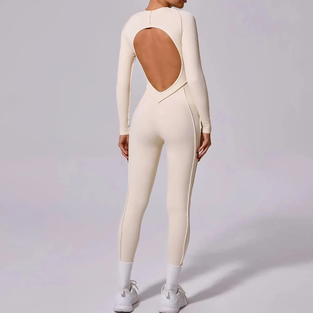 Women's Long Sleeve One-piece Yoga Jumpsuit - Gym Training Suit, High Elastic Fitness Bodysuits, Moisture Wicking Sportswear Set