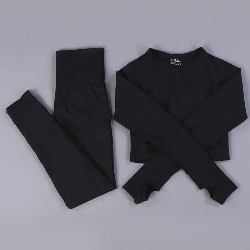 Conjunto de yoga sin costuras de leggings y top, mono de fitness, top de yoga de manga larga para mujer, ropa deportiva de gimnasio para mujer