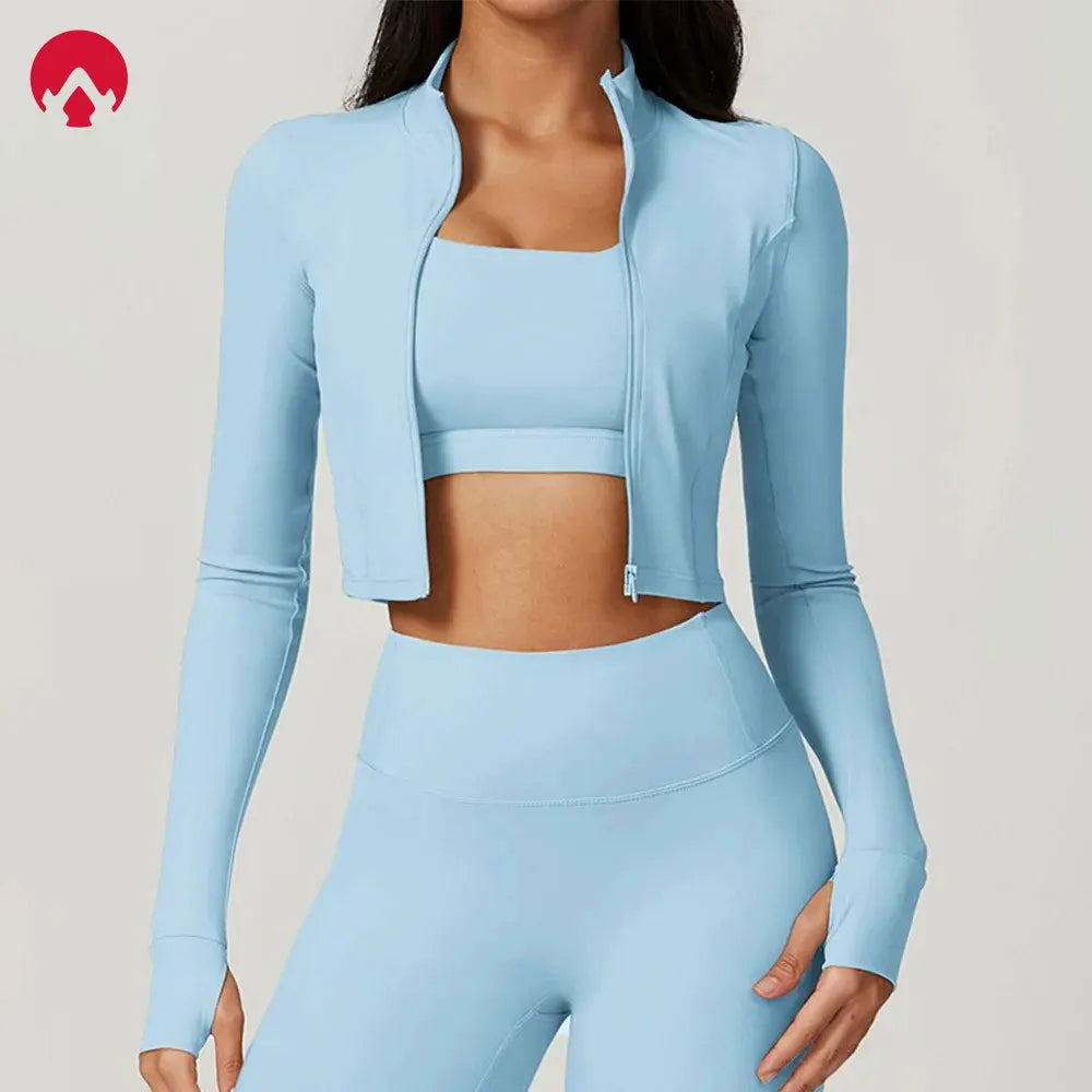 Sports Long Sleeved Women Slim Yoga Clothes Quick Dry Zipper Cardigan Stand Up Collar Jacket Running Fitness Jacket Outdoor Top