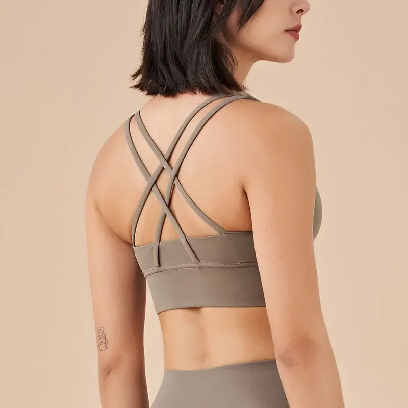 Sujetador deportivo de fitness para mujer, push-up, sin aros, acolchado, con tiras cruzadas, para correr, gimnasio, entrenamiento, yoga, top corto de ropa interior