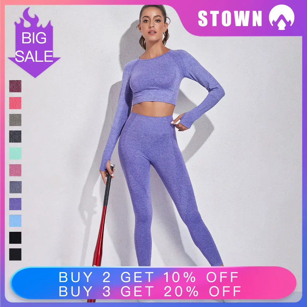 Conjunto de yoga sin costuras de leggings y top, mono de fitness, top de yoga de manga larga para mujer, ropa deportiva de gimnasio para mujer