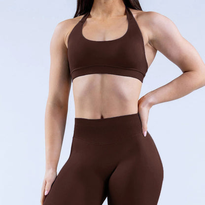 Sujetador deportivo halter sin costuras para mujer, con espalda abierta, a prueba de golpes, elástico, top de yoga para gimnasio, correr, fitness y uso diario casual
