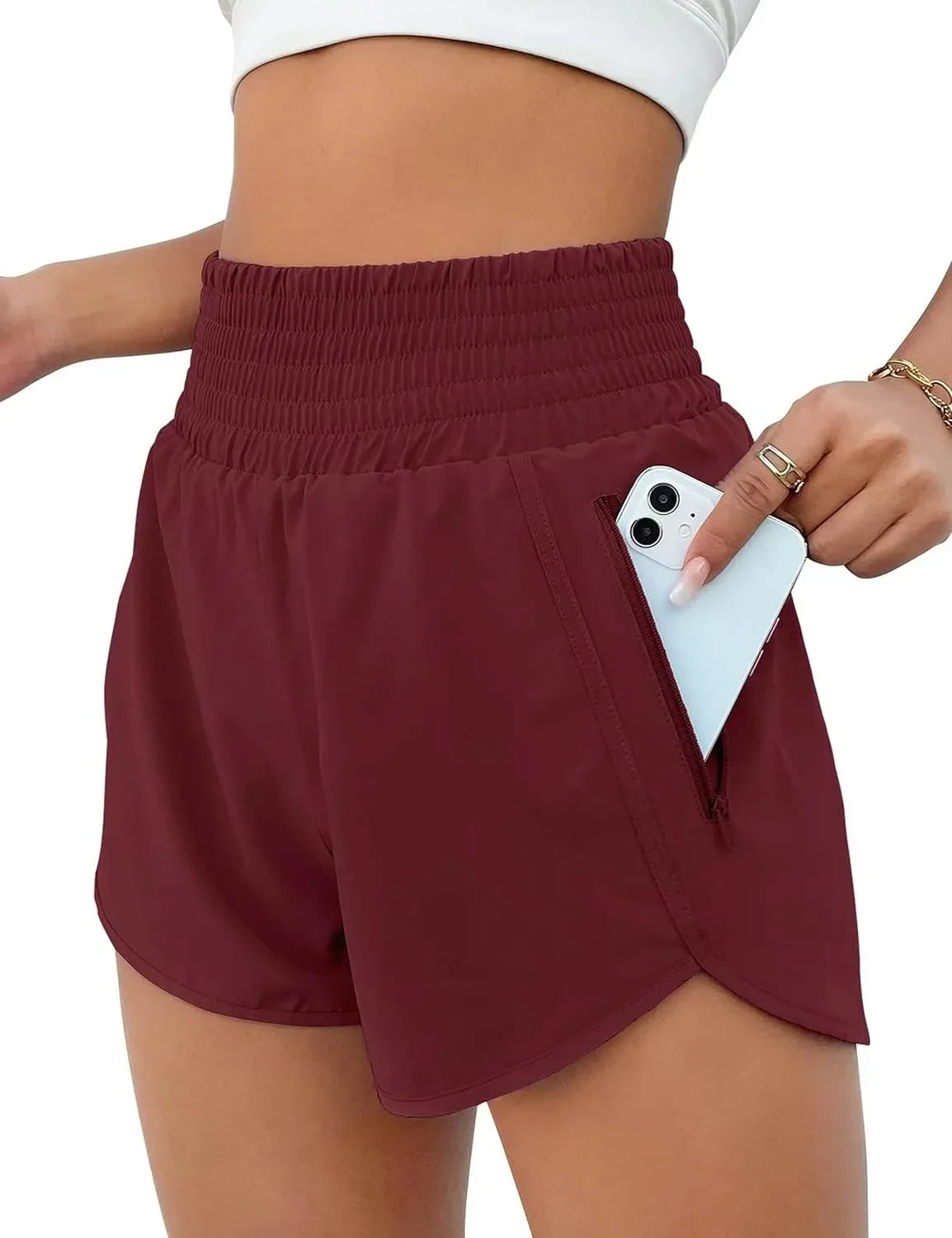 Women High Waist Sport Shorts Elastic Waistband with Side Pockets Casual Fitness Jogging Training Bottoms for Outdoor Activities