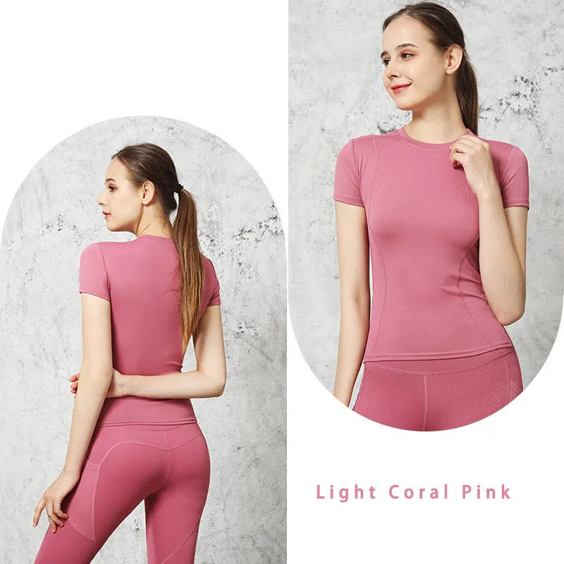Camiseta deportiva ajustada de secado rápido, slim fit, para exteriores, de manga corta, para gimnasio, correr, ropa de yoga para mujer