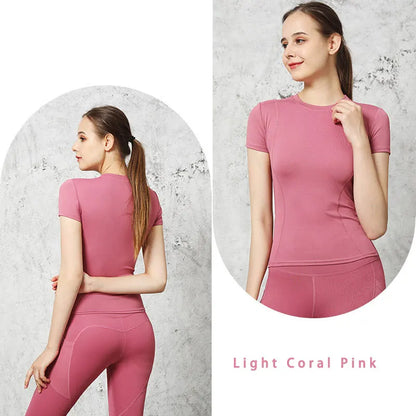 Camiseta deportiva ajustada de secado rápido, slim fit, para exteriores, de manga corta, para gimnasio, correr, ropa de yoga para mujer