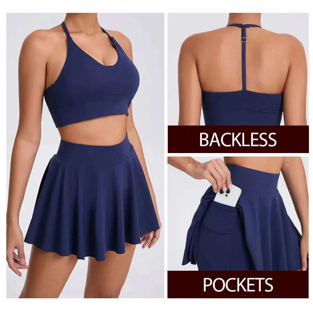 Conjunto de yoga para mujer con sujetador y falda corta de tenis - Traje de fitness, conjunto de running, camiseta sin mangas para exteriores con bolsillo, ropa deportiva