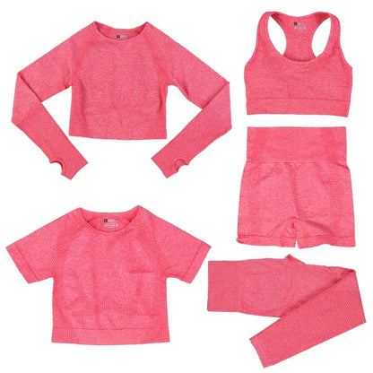 Women's 5-Piece Seamless Yoga Set, Dot Print Crop Top High Waist Leggings Long Sleeve Activewear for Gym Pilates Outdoor Fitness