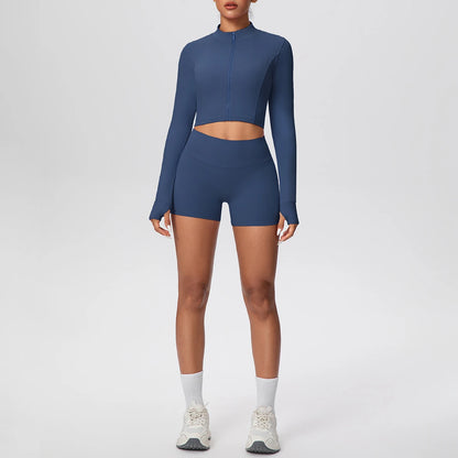 2Pieces Fitness Yoga Set Thumbhole Long Sleeve Top & Gym Shorts, Zipper Activewear for Women Yoga, Running, Workout Training