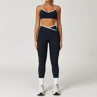 Conjunto Deportivo de Cintura Alta Cruzada para Mujer Sensación Desnuda, Traje de Yoga, Correr, Entrenamiento de Gimnasio, Entrenamiento Físico y Ropa Deportiva de Yoga Ajustada