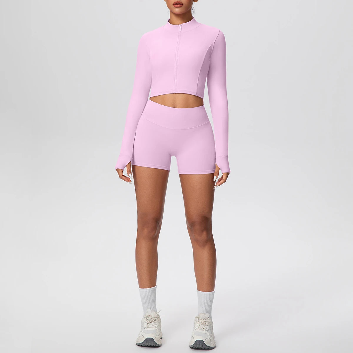 2Pieces Fitness Yoga Set Thumbhole Long Sleeve Top & Gym Shorts, Zipper Activewear for Women Yoga, Running, Workout Training