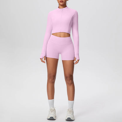 2Pieces Fitness Yoga Set Thumbhole Long Sleeve Top & Gym Shorts, Zipper Activewear for Women Yoga, Running, Workout Training
