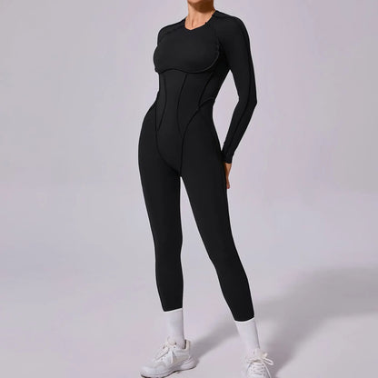 Women's Long Sleeve One-piece Yoga Jumpsuit - Gym Training Suit, High Elastic Fitness Bodysuits, Moisture Wicking Sportswear Set