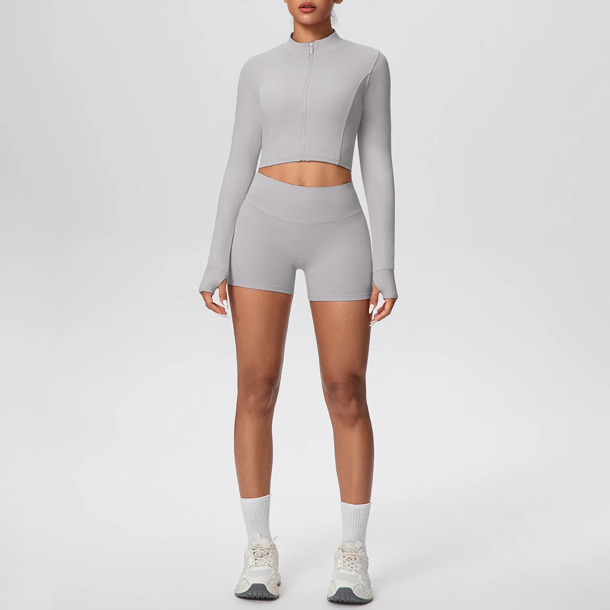 2Pieces Fitness Yoga Set Thumbhole Long Sleeve Top & Gym Shorts, Zipper Activewear for Women Yoga, Running, Workout Training