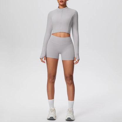 2Pieces Fitness Yoga Set Thumbhole Long Sleeve Top & Gym Shorts, Zipper Activewear for Women Yoga, Running, Workout Training