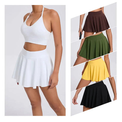 Conjunto de yoga para mujer con sujetador y falda corta de tenis - Traje de fitness, conjunto de running, camiseta sin mangas para exteriores con bolsillo, ropa deportiva