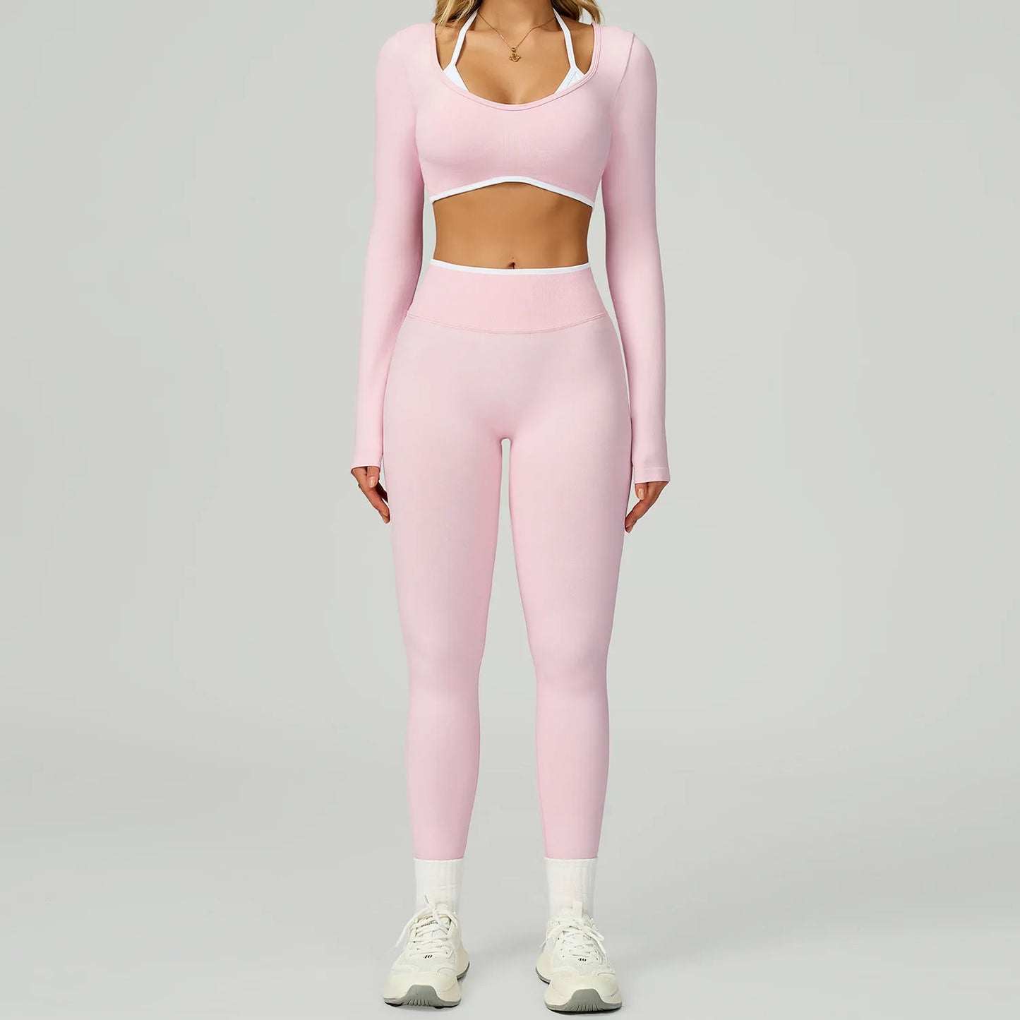 Women's Gym Seamless Contrast Color Yoga Set - Hollow Back Workout Shirt High Waist Fitness Leggings Tight Outdoor Outfit