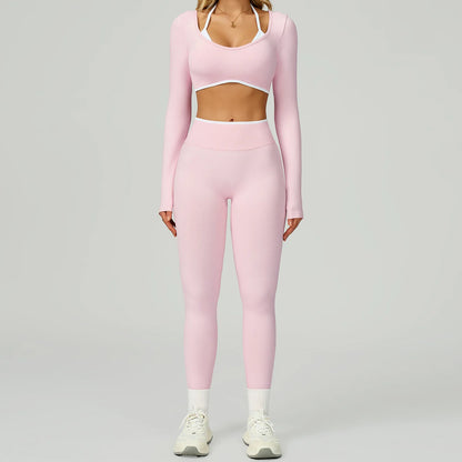 Women's Gym Seamless Contrast Color Yoga Set - Hollow Back Workout Shirt High Waist Fitness Leggings Tight Outdoor Outfit
