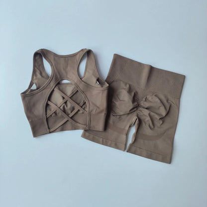 Conjunto de 2 piezas sin costuras de yoga para mujer – Pantalones cortos y top de secado rápido, ropa deportiva de espalda cruzada – Conjunto de fitness para correr, yoga y entrenamientos