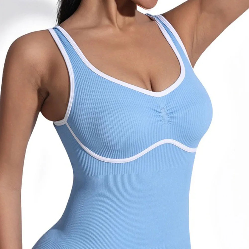 Women's V-Neck Contrast Color One-Piece Yoga Suit Seamless U-Shaped Beautiful Back, Slim-Fit Outdoor Activewear Fitness Workouts