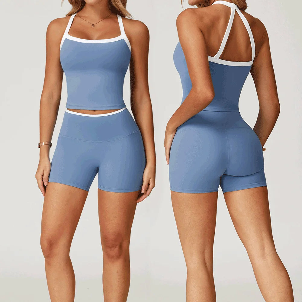 Women's Naked Feeling Gym Fitness Set - Contrast Color Crisscross Back Yoga Vest Workout Tight Shorts Outfit for Running