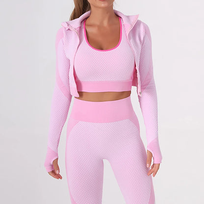 Conjunto de entrenamiento sin costuras de 3 piezas para mujer con chaqueta, sujetador y leggings, traje de yoga de tres piezas para deportes y fitness