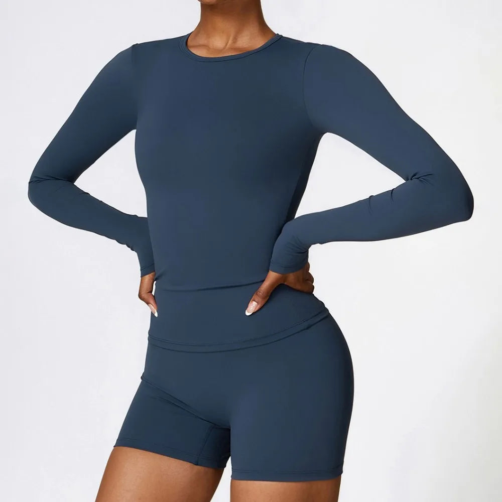 Camiseta de yoga de manga larga de alta intensidad para mujer con forro cepillado, para Pilates, correr y entrenamiento cruzado, tipo crop top deportivo