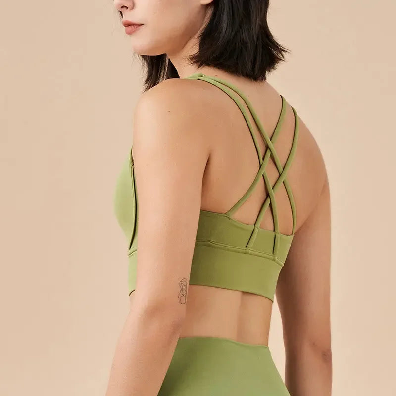 Sujetador deportivo de fitness para mujer, push-up, sin aros, acolchado, con tiras cruzadas, para correr, gimnasio, entrenamiento, yoga, top corto de ropa interior