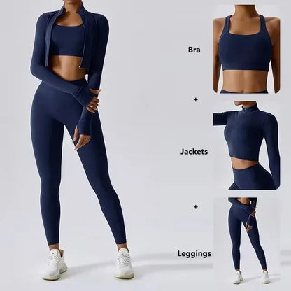 Conjunto de yoga 3 piezas traje deportivo para mujer ropa de yoga de secado rápido chaquetas de gimnasia ropa deportiva para mujer chaquetas de running conjunto para mujer