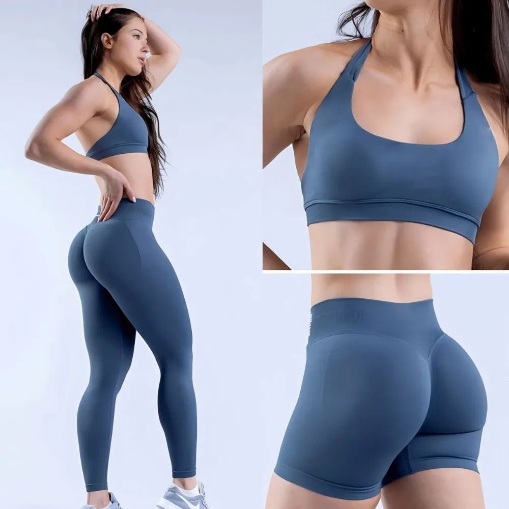 Seamless Yoga & Gym Butt-Lifting High-Waisted Sports Bra Leggings Shorts for Running Workouts Stretch Fitness Outfit