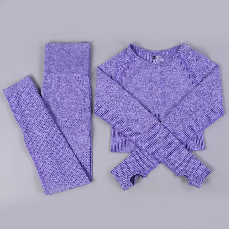 Conjunto de yoga sin costuras de leggings y top, mono de fitness, top de yoga de manga larga para mujer, ropa deportiva de gimnasio para mujer