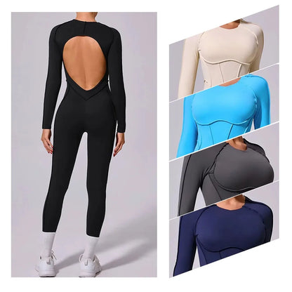Women's Long Sleeve One-piece Yoga Jumpsuit - Gym Training Suit, High Elastic Fitness Bodysuits, Moisture Wicking Sportswear Set