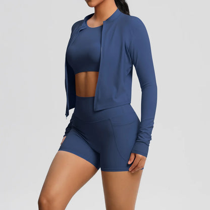 Nude Brushed Yoga Three-Piece Set – Long-Sleeved Sports Jacket, Casual Pocket Shorts & Hip-Lifting Design, for Running Fitness