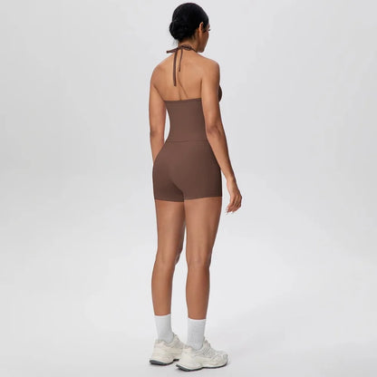 Conjunto de yoga para gimnasio de 2 piezas para mujer, chaleco sin espalda con tirantes en el cuello, tirantes finos en los hombros, shorts de fitness de cintura alta para mujer, traje deportivo